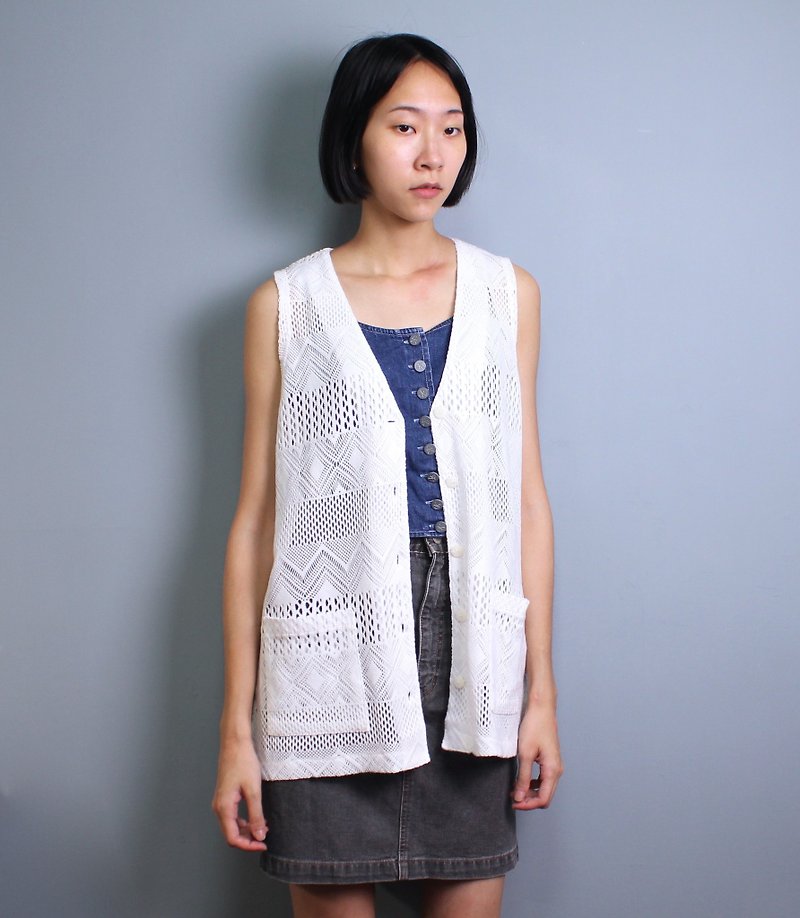 FOAK vintage geometric crocheted double-pocket long vest - Women's Vests - Other Materials 