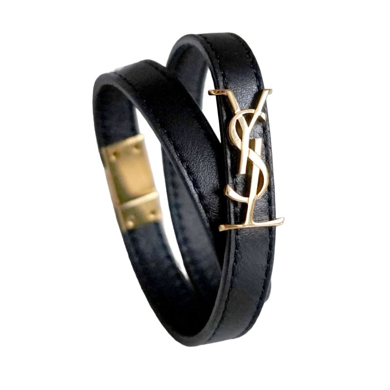 全新 YSL SAINT LAURENT 黑色 YSL 金色LOGO真皮雙圈磁石開口扣 - 手鍊/手鐲 - 真皮 黑色