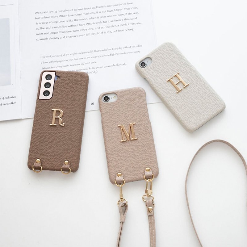 全機種対応 スマホケース イニシャル付き 【 まるっと simple 】 スマホショルダー くすみカラー アルファベット BE06U - 手機殼/手機套 - 真皮 咖啡色