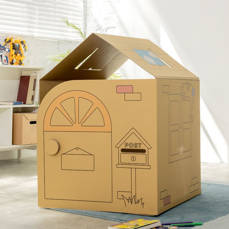 Mobile folding paper house with materials, children's toys, children's tent, indoor playhouse - ของเล่นเด็ก - กระดาษ สีกากี