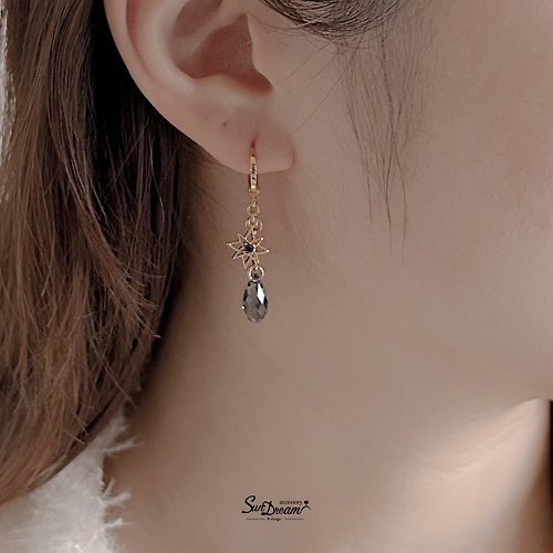 SunDream 藍色星星水晶耳扣耳環 水晶耳環 耳夾 星星耳環 夾式耳環