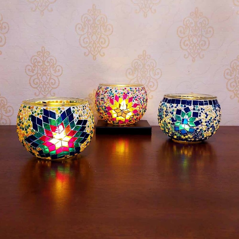 【DREAM LIGHTS】Mosaic collage candle holder thick glass DIY handmade material package Turkish lamp - โคมไฟ - กระจกลาย หลากหลายสี