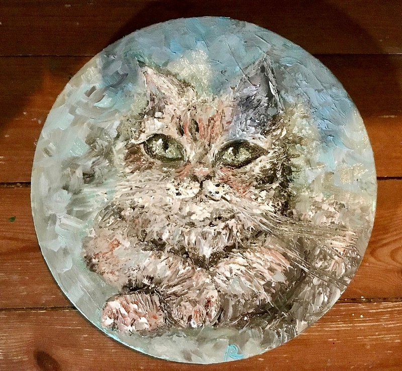 Cat oil painting on round canvas - ตกแต่งผนัง - วัสดุอื่นๆ สีน้ำเงิน