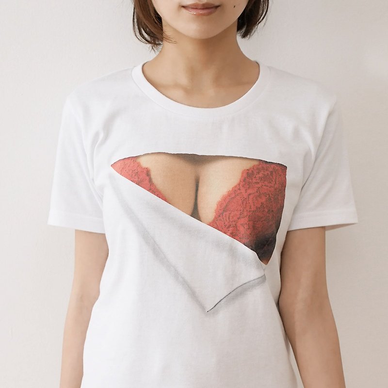 Mousou Mapping T-shirt/ Revival/ Red bra - Women's T-Shirts - Cotton & Hemp Red
