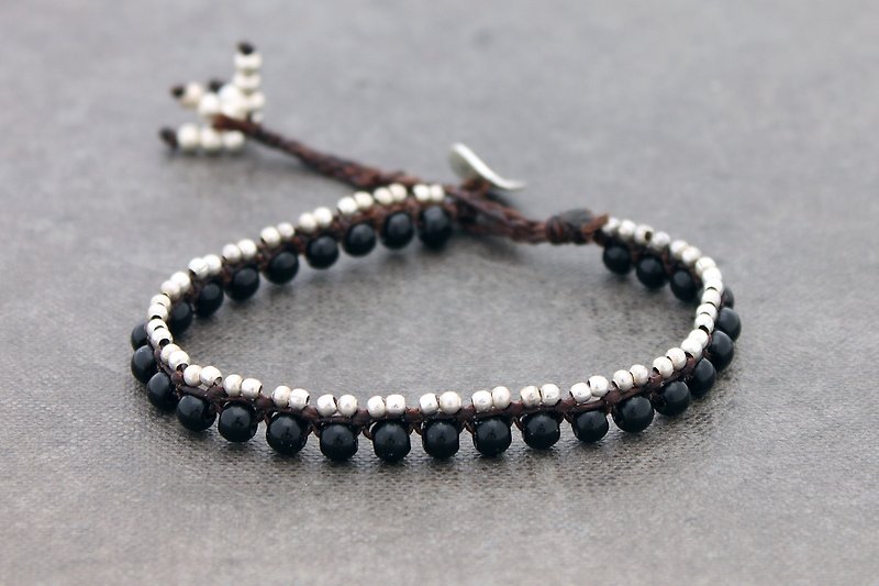 Beaded Crystal Bracelets, Petite Black Onyx Silver Woven Cord Bracelets, Macrame Hippy Tibetan Ethnic Colorful Bracelets - Bracelets - Stone Black