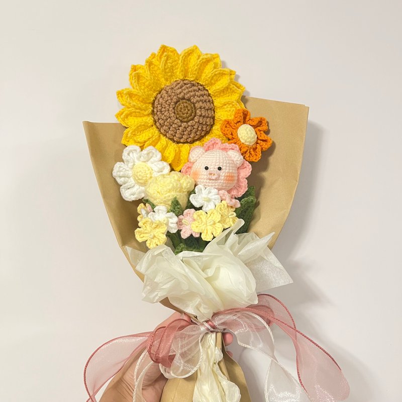鈎針編織粉黃色系向日葵豬豬花花束 - 乾燥花/永生花 - 棉．麻 粉紅色