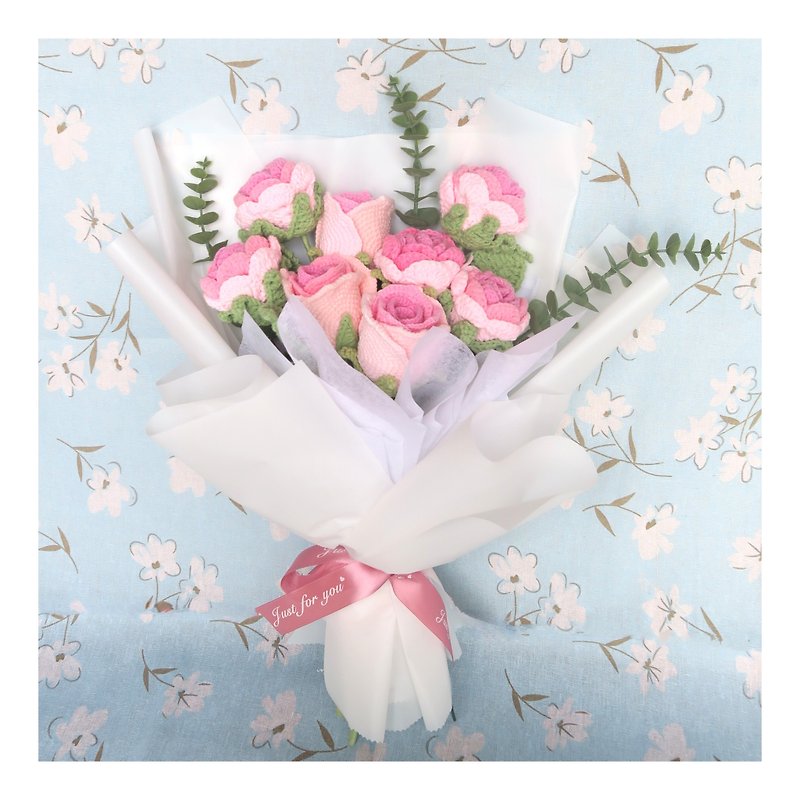 Crocheted pink rose bouquet - Dried Flowers & Bouquets - Cotton & Hemp Pink