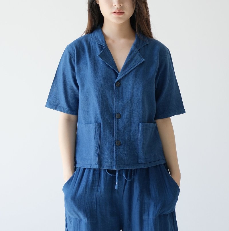 【棉質手工藍染】西裝領口袋/寬鬆三色襯衫 - 女襯衫 - 棉．麻 藍色