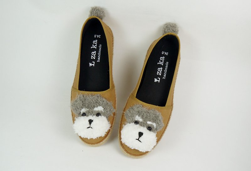 Caramel Khaki Canvas Handmade Shoes Hairy Schnauzer - Women's Casual Shoes - Other Materials Brown