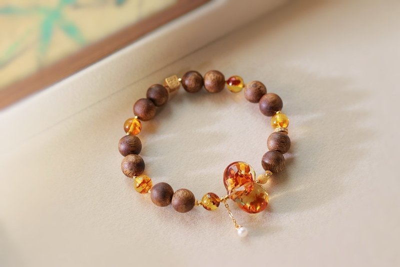 天然奇楠沉香花珀手鏈花珀屁桃愛心文玩沉香手鏈9.5公釐新中式 - 手鍊/手環 - 水晶 