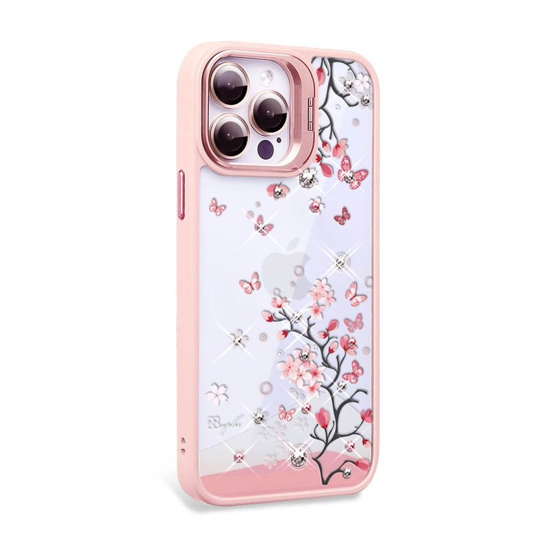 iPhone 15系列 防震雙料隱形立架彩鑽手機殼-日本櫻-粉框 - 手機殼/手機套 - 其他材質 多色