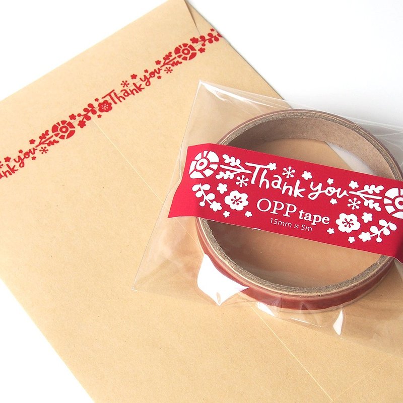 花模様のThankYou透明OPPテープ・15mm幅×5m - 紙膠帶/和紙/PET - 其他材質 紅色