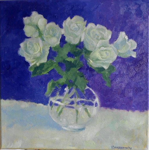 SemyonovArt Studio White Roses Flowers Original Art Oil Painting Wall Decor Beautiful Roses