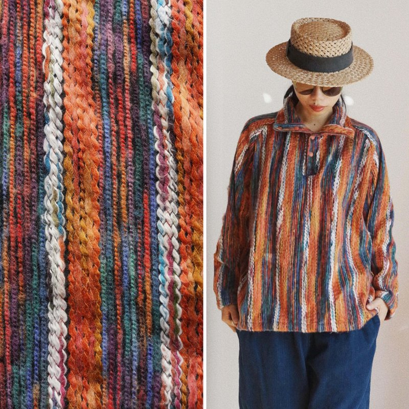 彩色粗條紋 冬季中性半開領套頭衫 肌理編織人棉 按扣款 - 女上衣/長袖上衣 - 棉．麻 橘色