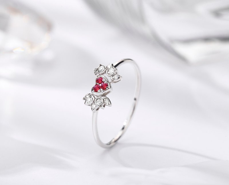 紅寶石14k金鑽石心形訂婚戒指 丘比特之翼結婚戒指 天使翅膀鑽戒 - 戒指 - 貴金屬 紅色