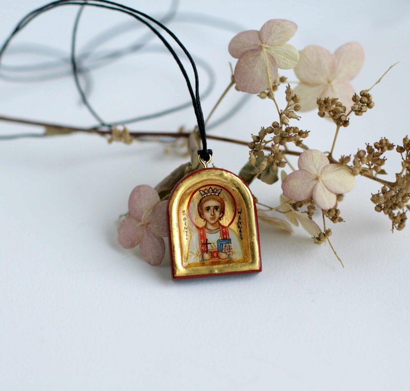 hand painted orthodox wood icon Saint Wannas pendant necklace religious art - Other - Wood Gold