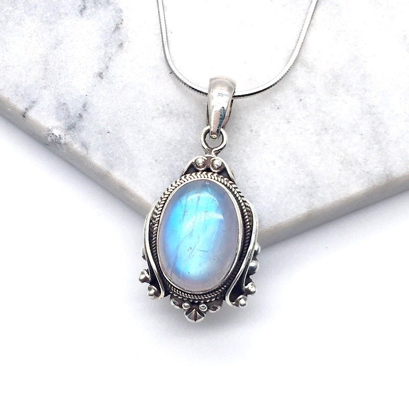 Moonstone 925 sterling silver mirror style necklace Nepal handmade inlay - Necklaces - Gemstone Blue