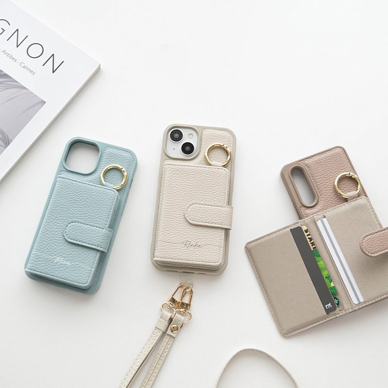 多機種対応 スマホケース カラー リアケース 【 マグネットベルト カードケース 名入れ 】 スマホショルダー くすみカラー パーツ付 JE09U - 手機殼/手機套 - 真皮 藍色