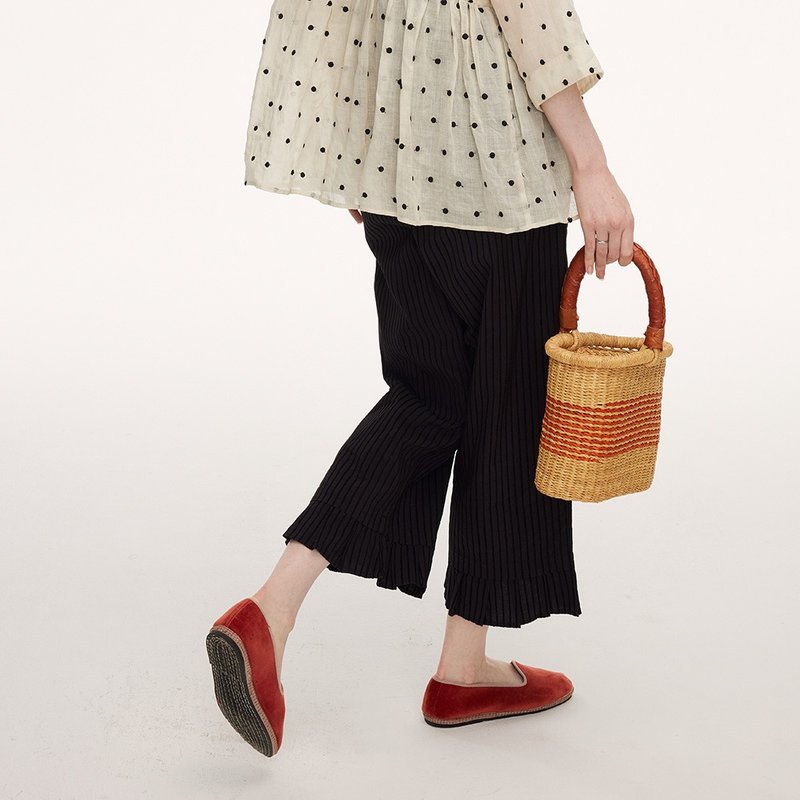 Resurrection style black flocking striped lace versatile elastic waist casual pants - กางเกงขายาว - ผ้าฝ้าย/ผ้าลินิน สีดำ