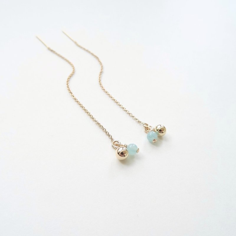 Mini Amazonite Beads & Gold Filled Balls 14K GF Threader Earrings - ต่างหู - เครื่องประดับพลอย สีเขียว
