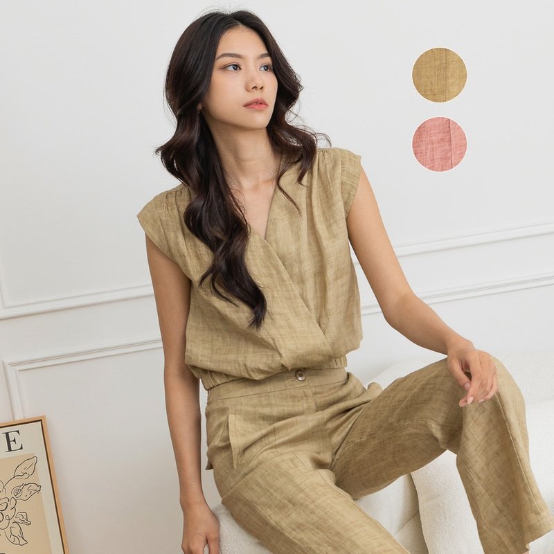 【MEDUSA】斜蓋亞麻無袖上衣-2色(M-XL) | 女休閒上衣 涼感亞麻 - 女上衣/長袖上衣 - 棉．麻 卡其色