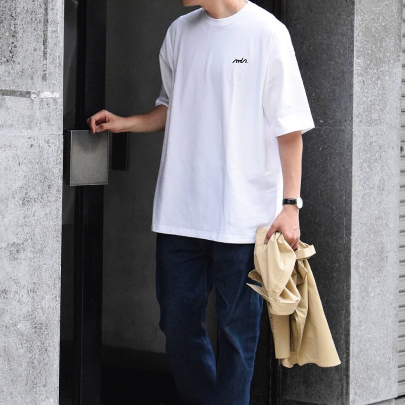 刺繍 ビッグシルエット 厚手 Tシャツ Mens Plain simple big T-shirt【White】TA023 - Tシャツ - コットン・麻 