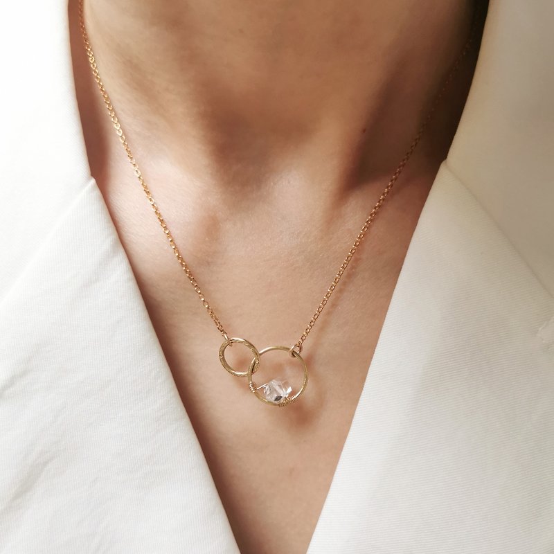 Customizable American 14k gold double circle shining diamond pendant simple temperament necklace-double ring lucky necklace - Necklaces - Crystal White