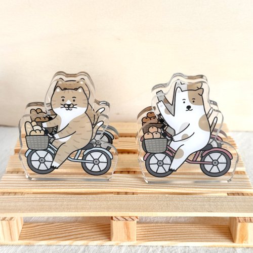 自転車と猫のアクリル画 自転車に乗る猫と犬 両面アクリルスタンドクリップ - ショップ