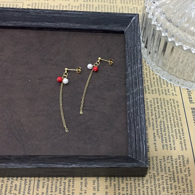 【若桑】【蜻蜓】相思紅豆。珍珠&紅珊瑚。小臉效果長鏈耳環/耳夾 - 耳環/耳夾 - 寶石 紅色