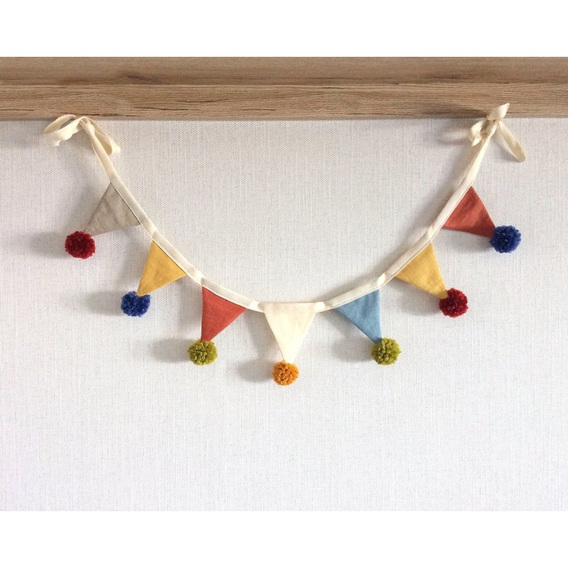 Mustard Terracotta Blue Gray Fabric Bunting Banner, Pom pom pennant garland - ตกแต่งผนัง - ลินิน หลากหลายสี