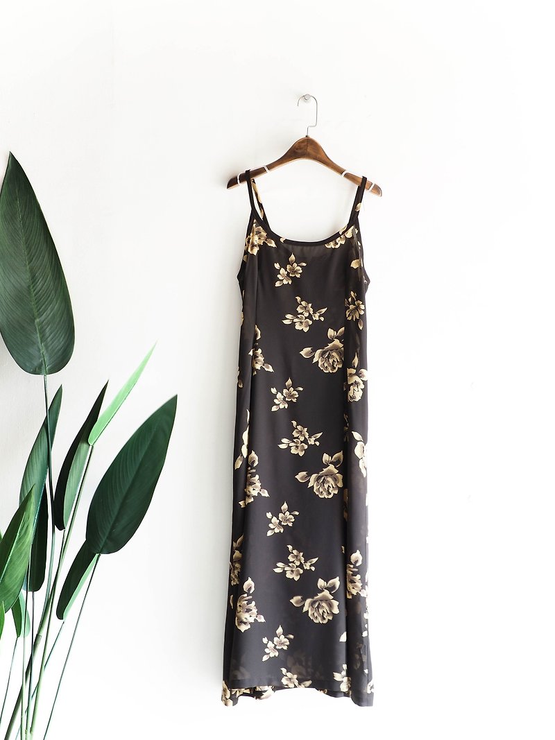 広島のコーヒー茶色の黄金の花の春のログアンティークシームレスドレスの糸のドレススカートのドレスのドレス - ワンピース - ポリエステル ブラウン