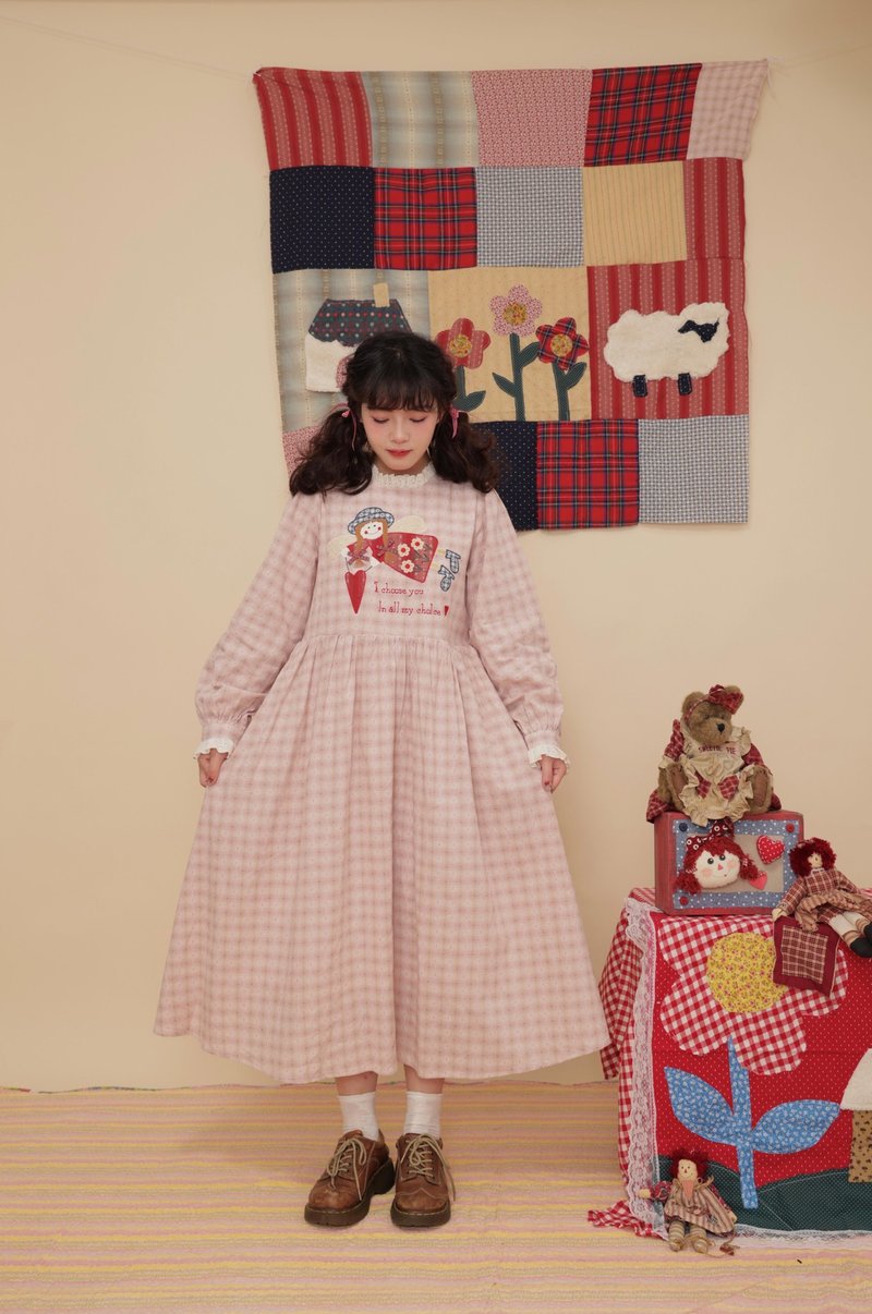 Retro Girl Angel Embroidery Plaid Lace Collar Dress - One Piece Dresses - Other Materials Pink