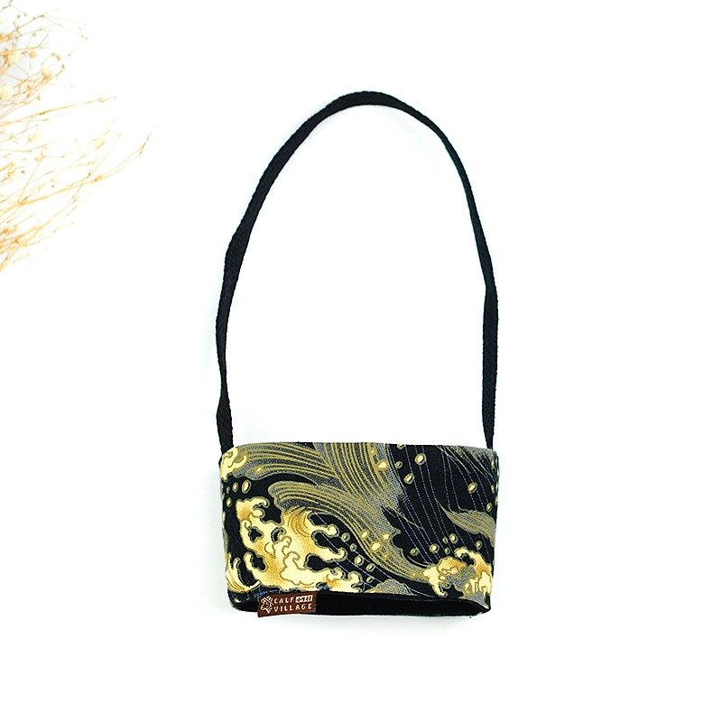 Hand-sided environmentally friendly drink bag absorbent coffee bag Japan's Ukiyo-e [gold Kurashiki sent] black gold [D-02] - Handbags & Totes - Cotton & Hemp Black