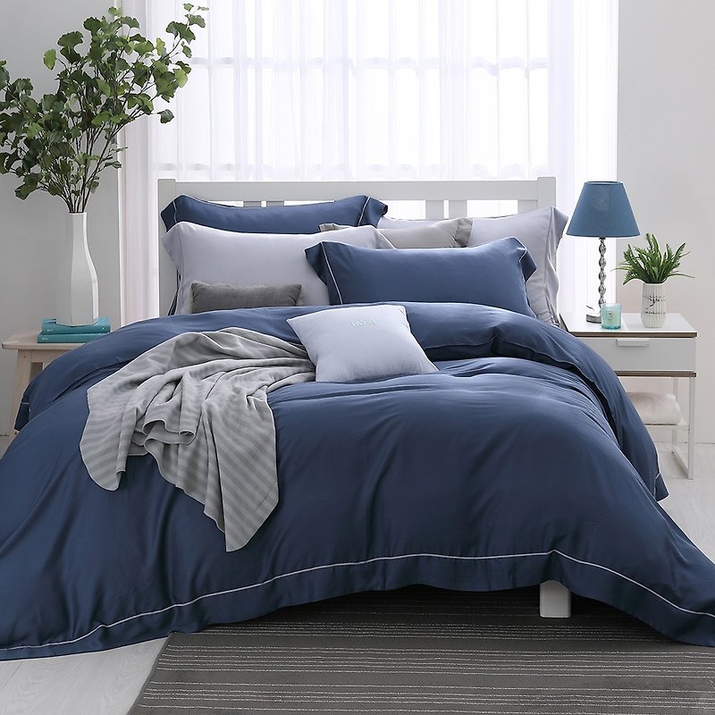 (雙人)沉靜夜色-純色設計款天絲兩用被床包四件組【60支天絲】 - 床包/寢具 - 其他材質 藍色