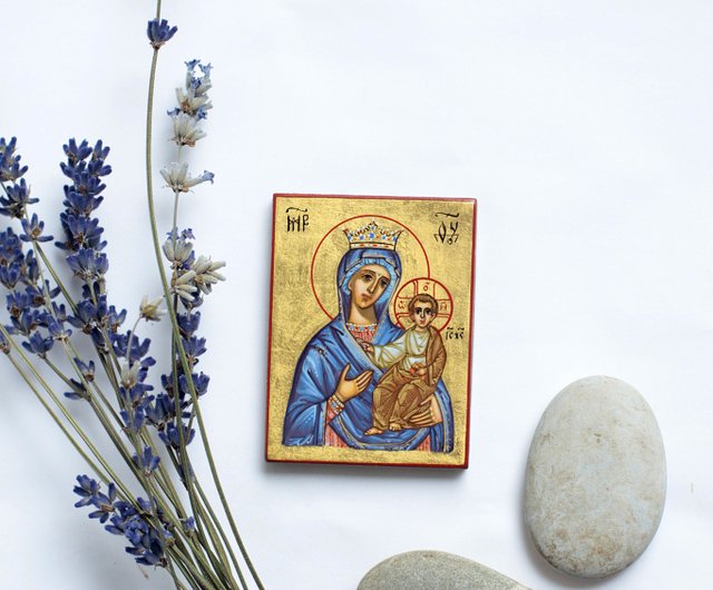 手描きの正統派キリスト教の聖母マリアのアイコン、ミニチュアの宗教画 ...