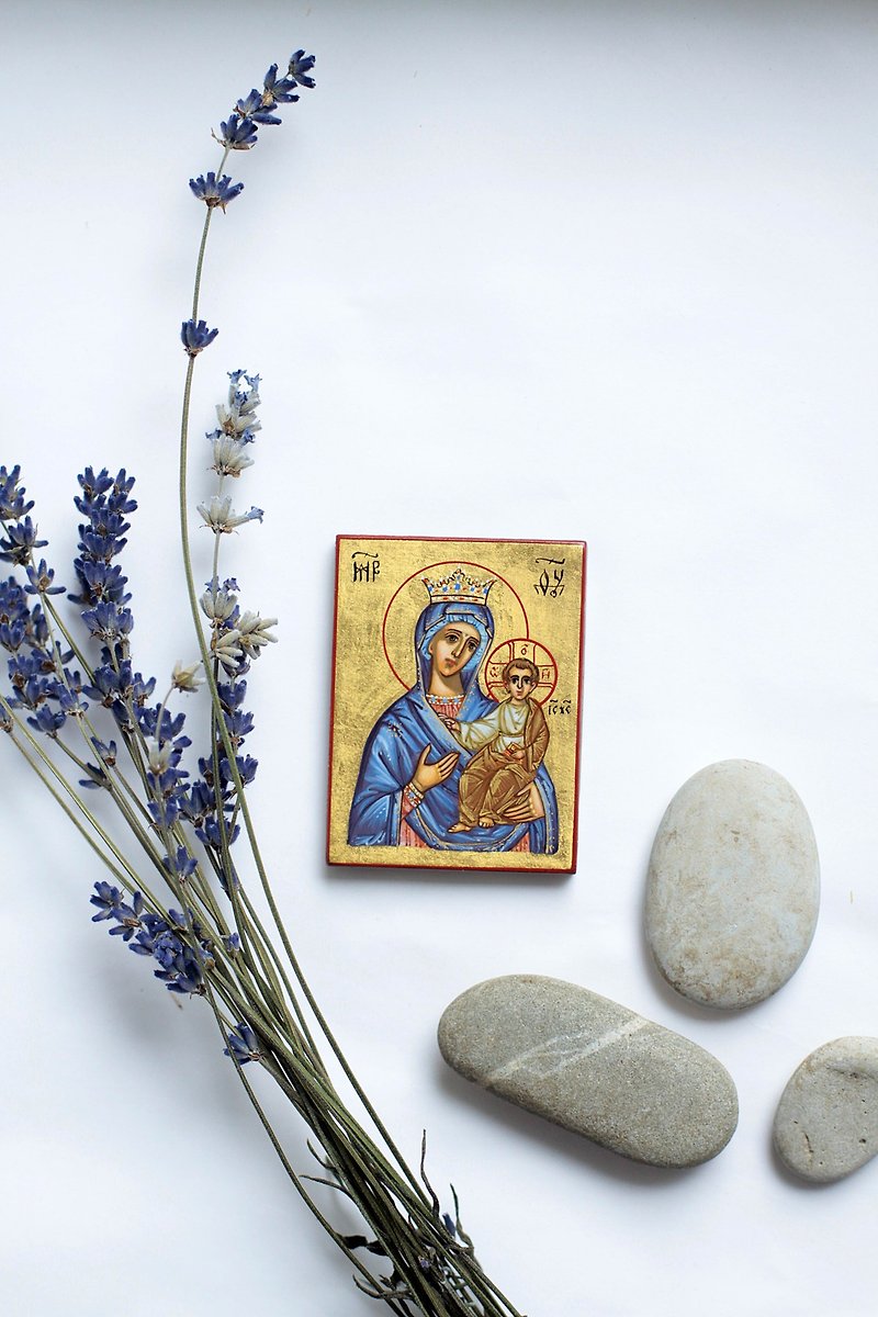 hand painted orthodox christian Virgin Mary icon, miniature religious painting - Other - Eco-Friendly Materials Blue