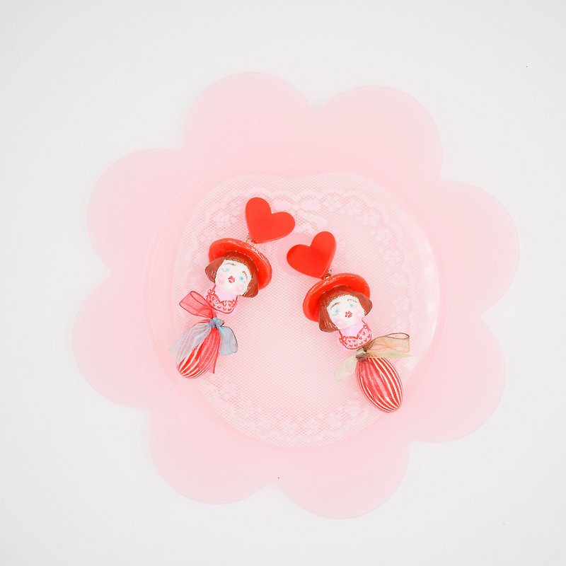 Loving cute red hair girl earrings ear clip - Earrings & Clip-ons - Clay Red