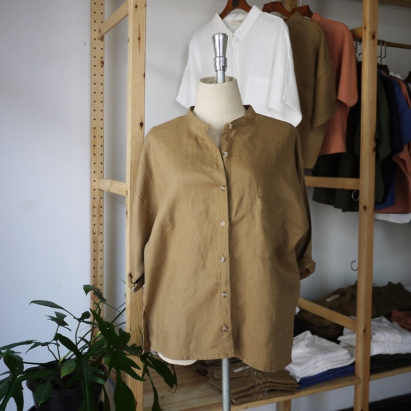 Mandarin Collar Linen Shirt with Pocket - Khaki - 恤衫 - 亞麻 咖啡色