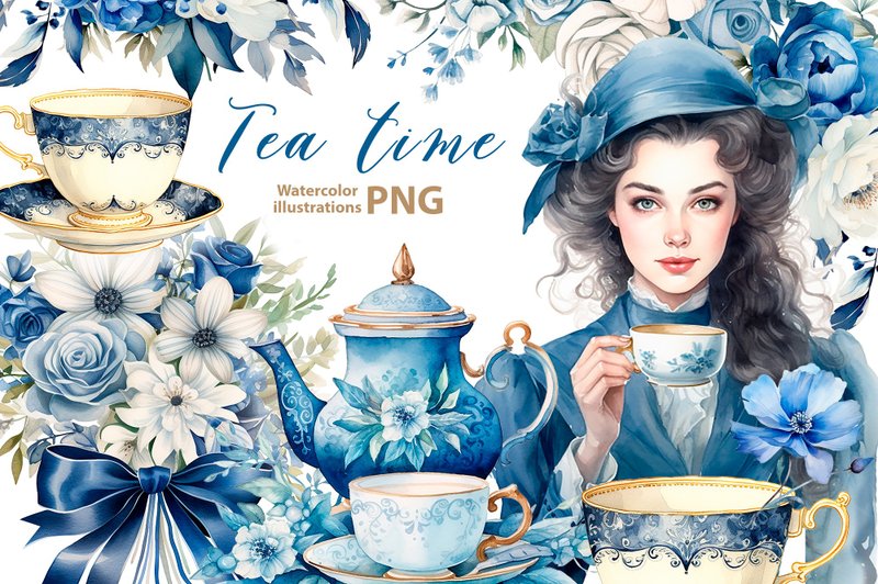 Watercolor blue clipart set, 17 Png, vintage floral Clipart, tea time watercolor - 電子手帳及素材 - 其他材質 