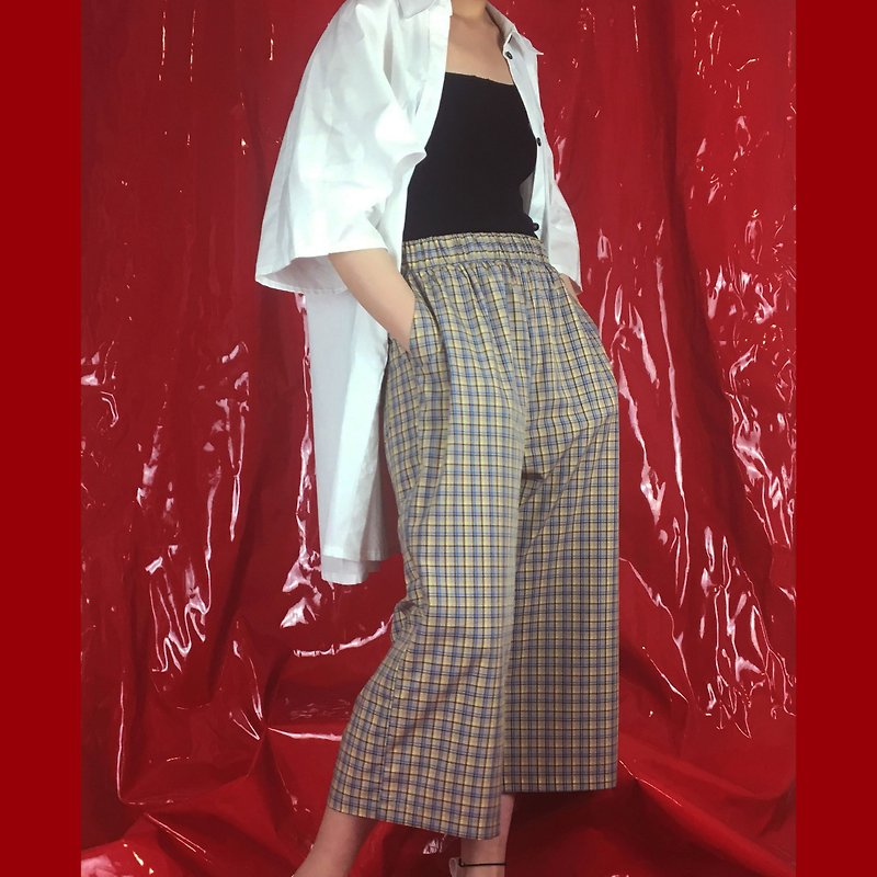 Original summer khaki plaid casual wide leg pants - Women's Pants - Other Materials Khaki