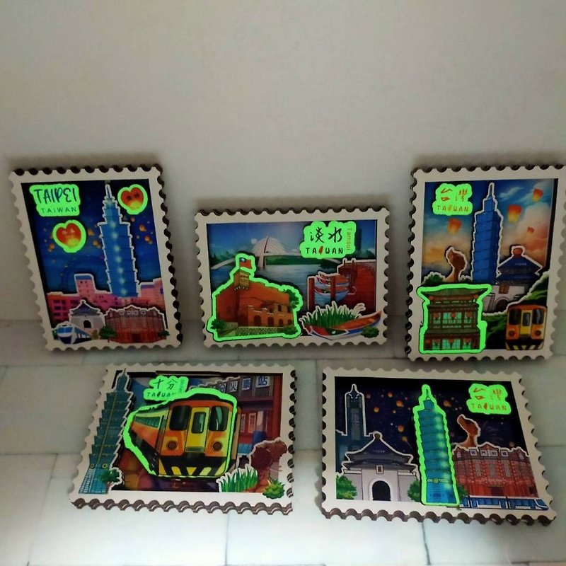 台灣景點 台北景點 手繪插畫冰箱貼 吸鐵 紀念強力吸鐵 郵票冰箱 - 磁石貼/磁鐵 - 木頭 多色
