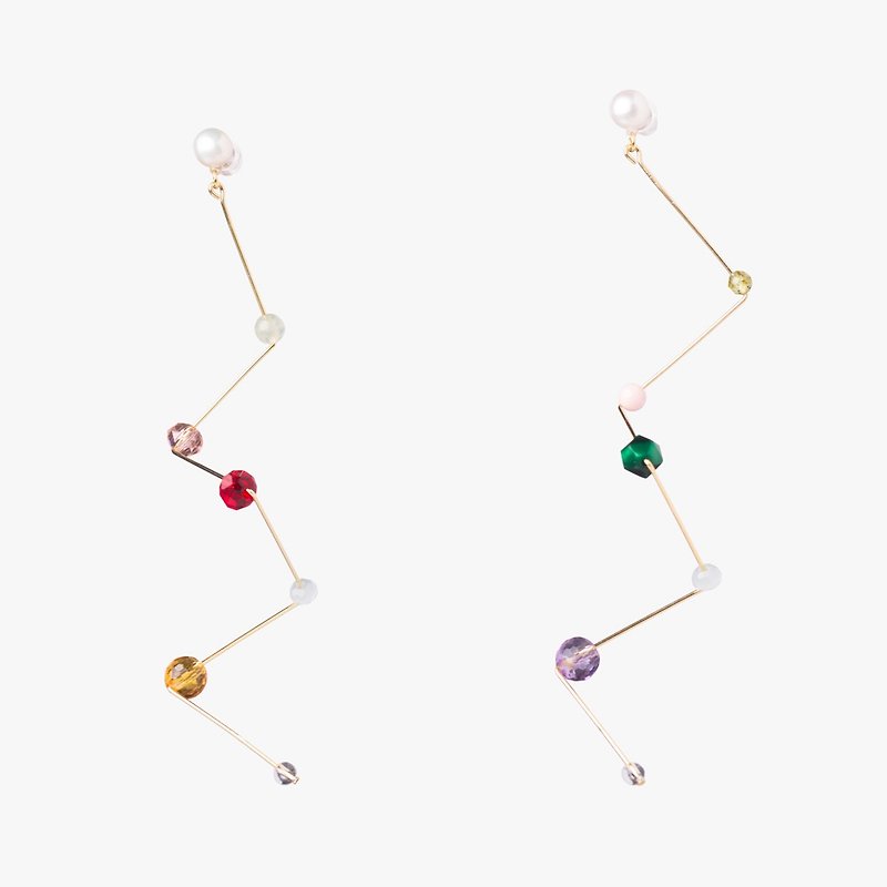 Yunsuo Big Dipper Little Caibao Series Pearl Earrings Three-dimensional Geometric Crystal Ear Clips Long Earrings - Earrings & Clip-ons - Other Materials Gold
