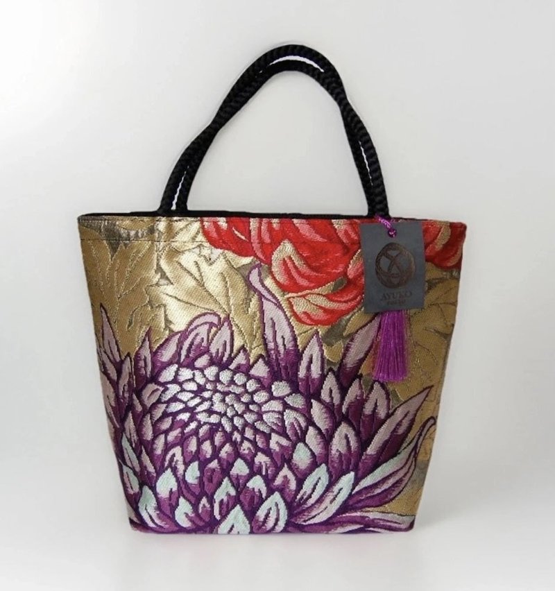 獨一無二真絲和服袋帶托特包, 日本手工刺繡升級改造包, 和風藝術 - 手提包/手提袋 - 絲．絹 金色
