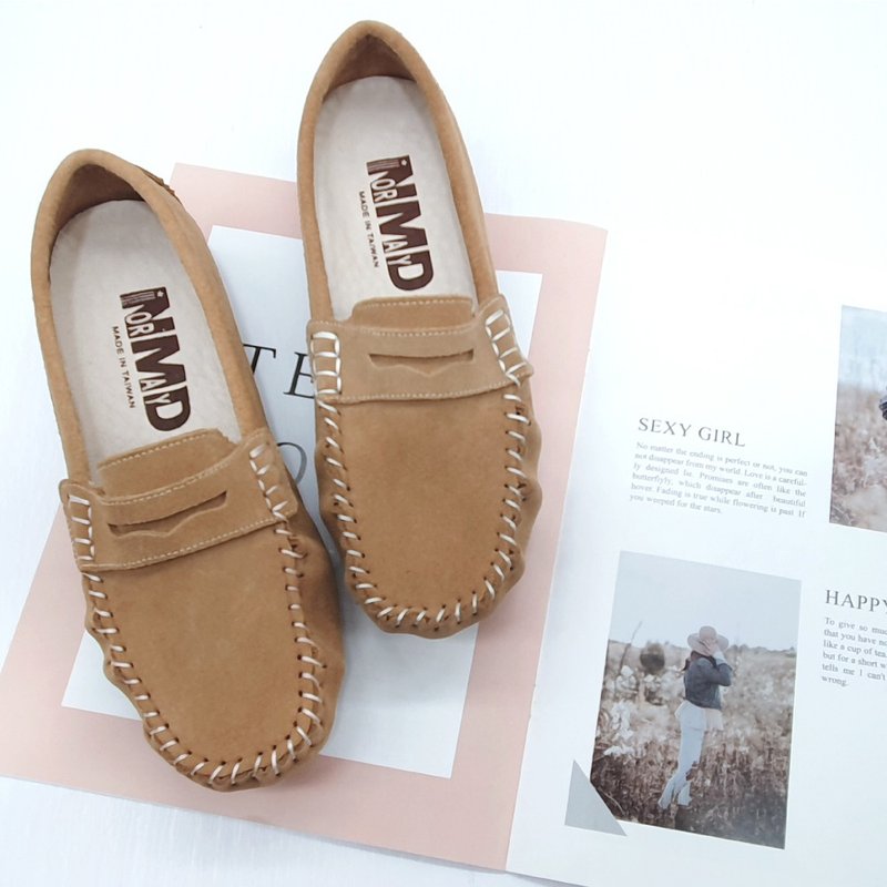 Cow Suede Suede Lok Fu Magnetic Leather Peas Shoes (Charming Camel) - รองเท้าอ็อกฟอร์ดผู้หญิง - หนังแท้ สีกากี