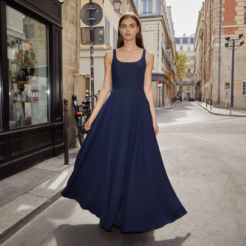 [Newly launched] Clio simple French dark blue light dress - Evening Dresses & Gowns - Other Man-Made Fibers Blue