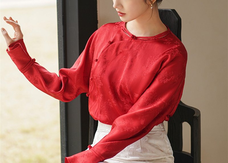 New Chinese style noble rayon commuter temperament red Chinese style New Year shirt - Women's Shirts - Other Materials Red