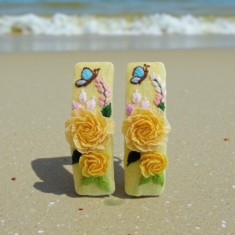2個セット 手縫いクリップ、ローズクリップ、ハンドメイドヘアクリップ、キッズアクセサリー - ヘアアクセサリー - フラックス イエロー