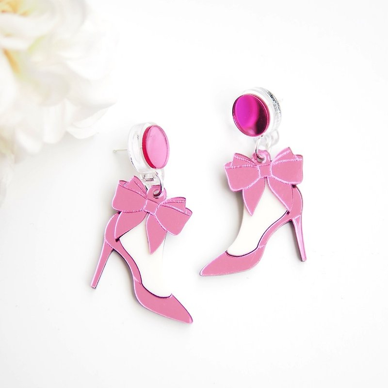 粉紅高跟鞋耳環 - 耳環/耳夾 - 壓克力 粉紅色