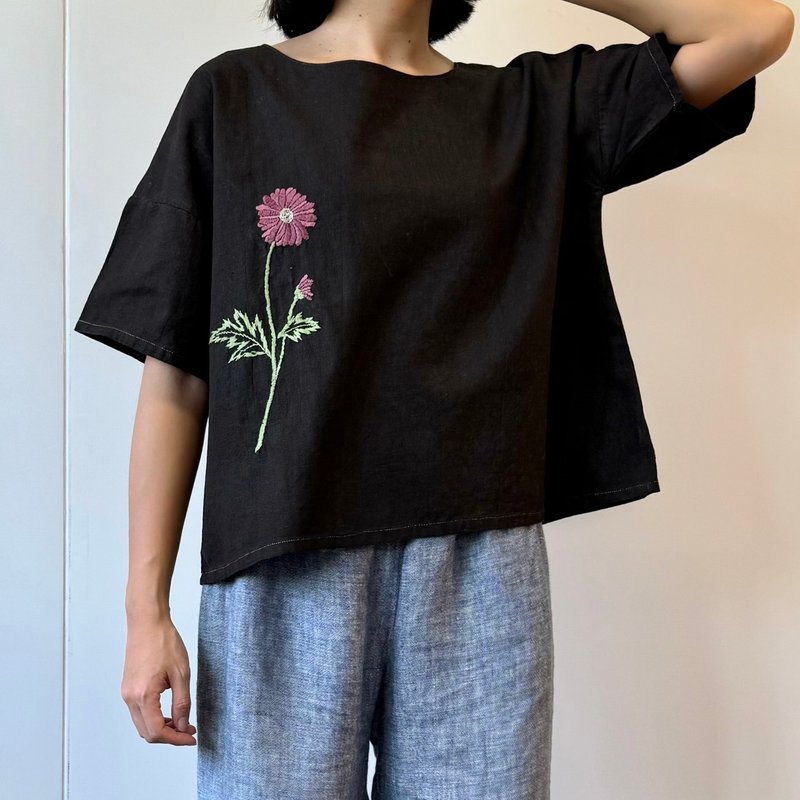 linen shirt dyed ebony brown. Purple flower embroidery. - Women's Tops - Cotton & Hemp Brown