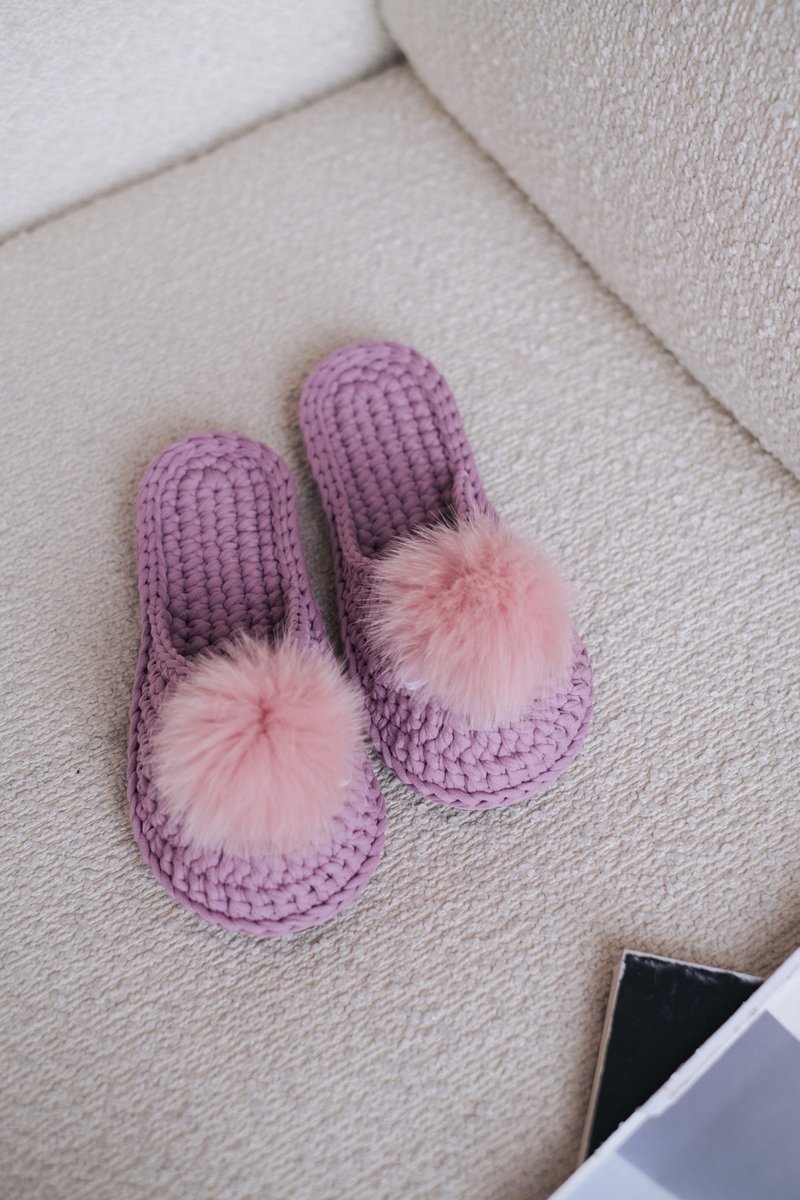 Wedding slippers - Knitted slippers - House shoes for women - 拖鞋 - 棉．麻 粉紅色